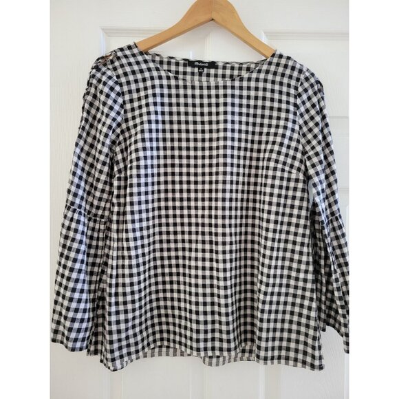 Madewell black white Gingham top blouse size Medium boho Preppy - Picture 6 of 8